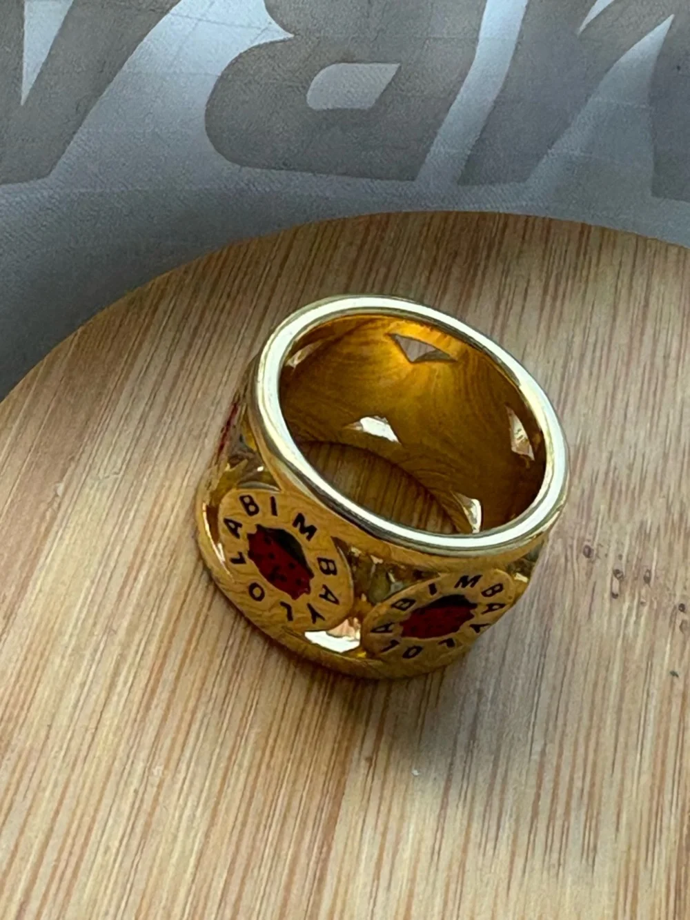 Bimba Y Lola Gold Tone Wide-Band Statement Ring with Red Ladybug Design Size 6.5 - Picture 3 of 9